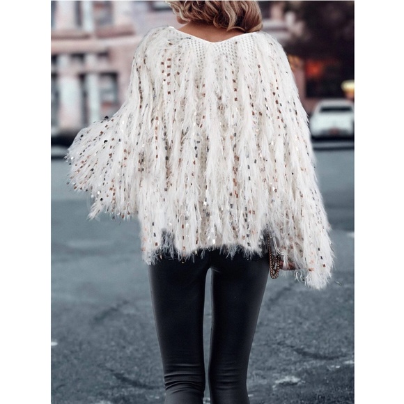 Fun Fuzzy Embellished Pullover Sweater V-Neck Off White - Picture 6 of 10